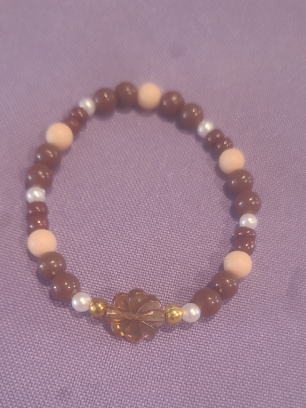 Kids Brown & Cream Beaded Stretch Bracelet with Floral Accent